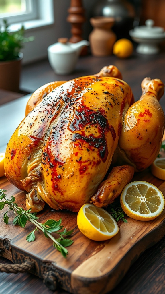 Crispy whole chicken roasted in an air fryer, garnished with herbs and lemon slices on a wooden board.